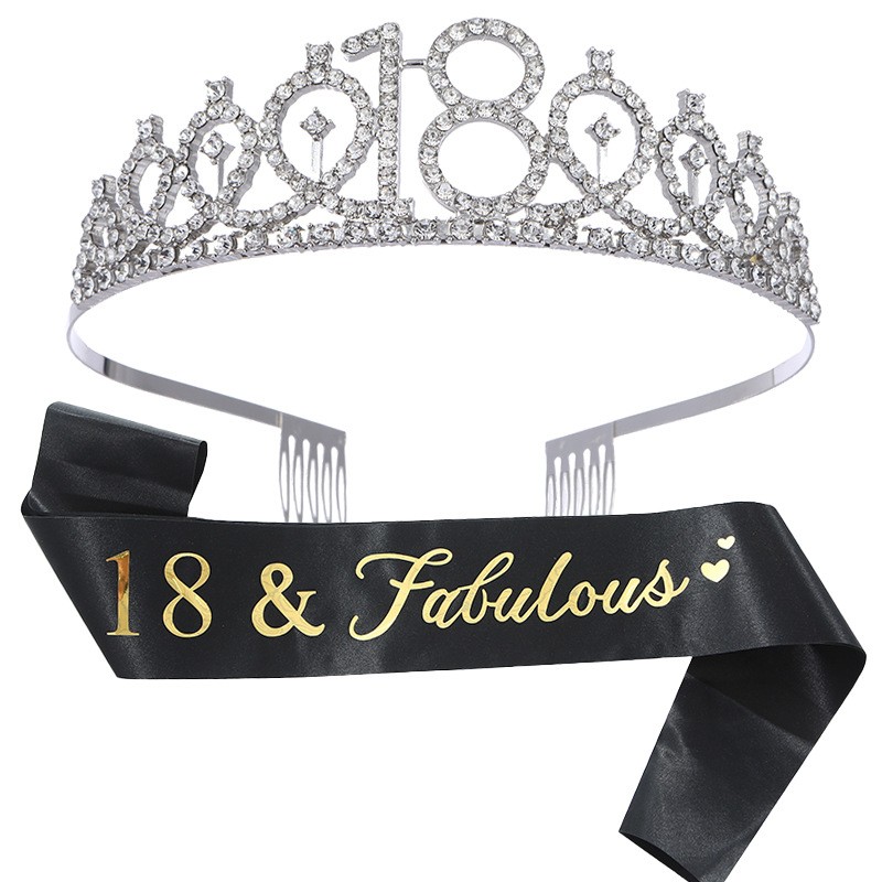 Set 2 Piese pentru Majorat, , 15 x 13 x 5 cm, Coronita Printesa Silver si Panglica 18&Fabulous, Negru