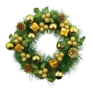 Coronita de Craciun pentru usa, Verde/Auriu, 35 cm, PVC, Artificiala, Decorata, Interior/Exterior,