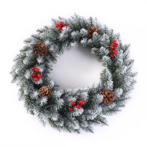Coronita pentru Craciun , 60 cm, din brad artificial, decorata cu conuri si merisoare, Alb/Verde