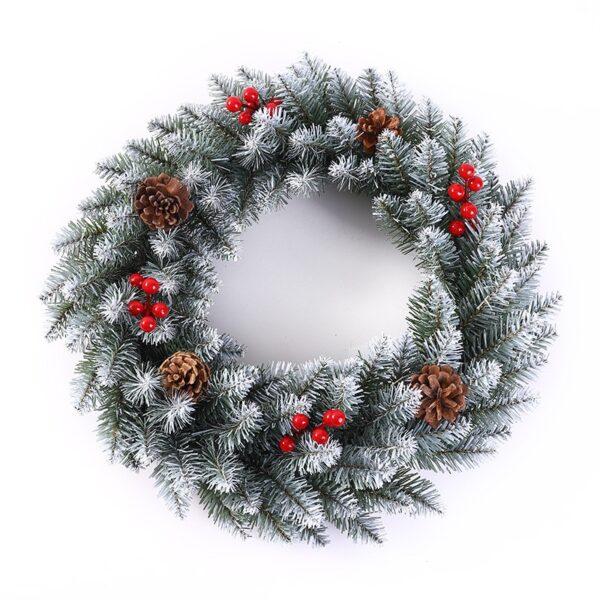 Coronita pentru Craciun , 60 cm, din brad artificial, decorata cu conuri si merisoare, Alb/Verde
