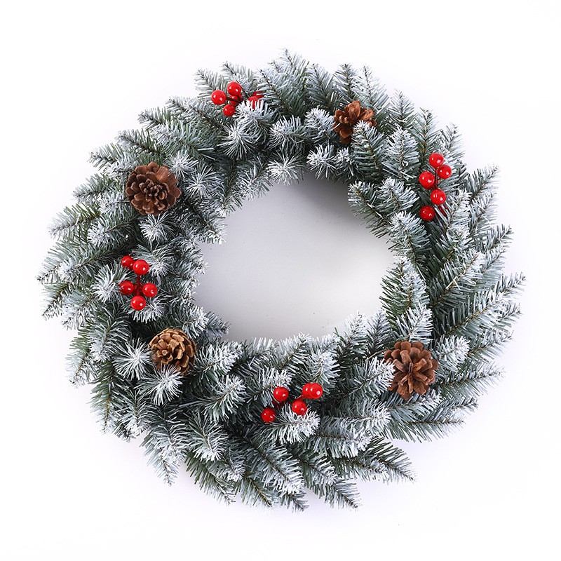 Coronita pentru Craciun , 60 cm, din brad artificial, decorata cu conuri si merisoare, Alb/Verde