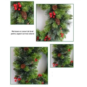 Coronita pentru Craciun , 60 cm, din brad artificial, decorata cu conuri si merisoare, Verde