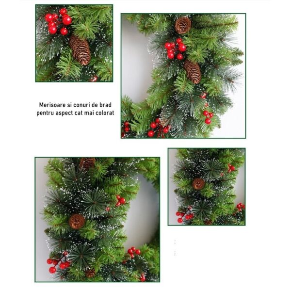 Coronita pentru Craciun , 60 cm, din brad artificial, decorata cu conuri si merisoare, Verde