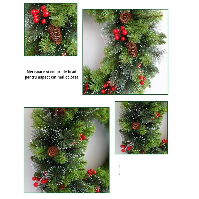 Coronita pentru Craciun , 60 cm, din brad artificial, decorata cu conuri si merisoare, Verde