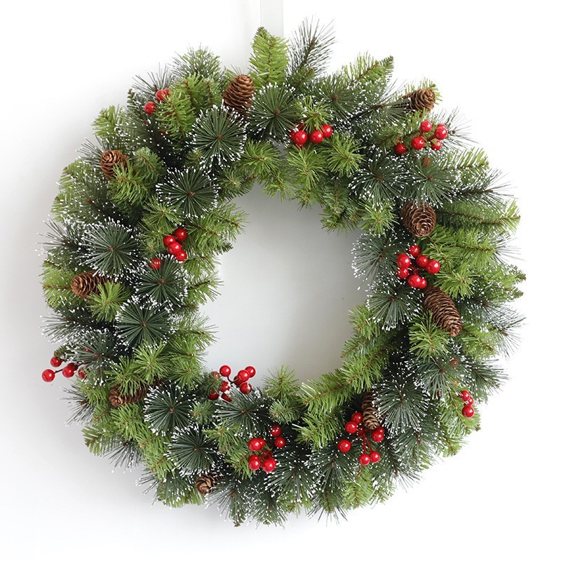 Coronita pentru Craciun , 60 cm, din brad artificial, decorata cu conuri si merisoare, Verde - imagine 3