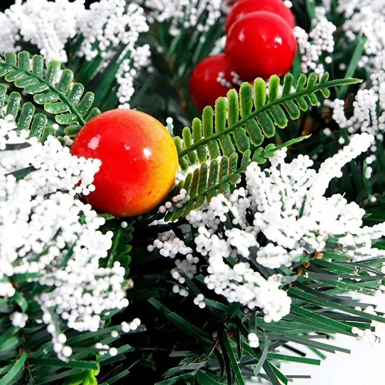 Coronita pentru Craciun , diametru 20 cm, din brad artificial, decorata cu conuri si merisoare, inzapezit, Verde/Alb - imagine 2