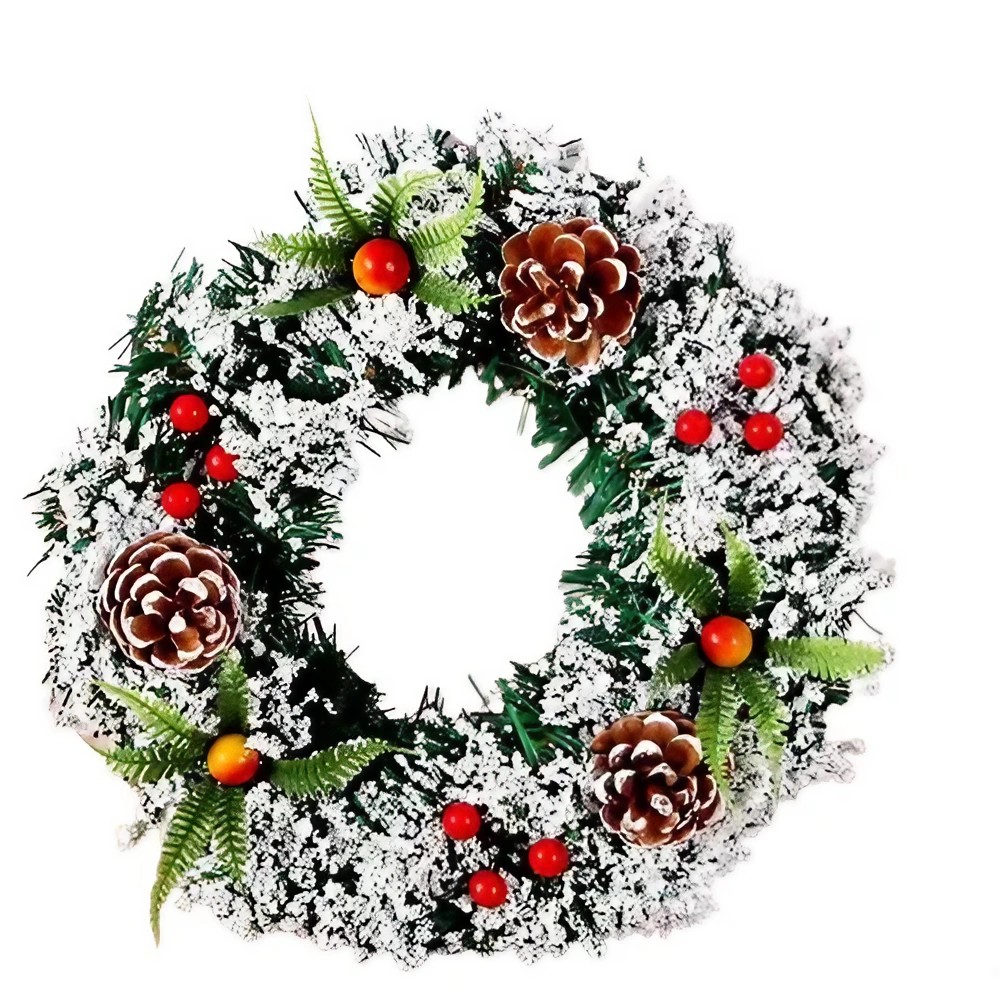 Coronita pentru Craciun , diametru 20 cm, din brad artificial, decorata cu conuri si merisoare, inzapezit, Verde/Alb