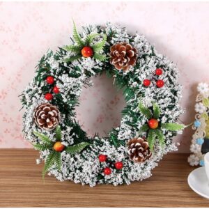 Coronita pentru Craciun , diametru 30 cm, din brad artificial, decorata cu conuri si merisoare, inzapezit. Verde/Alb