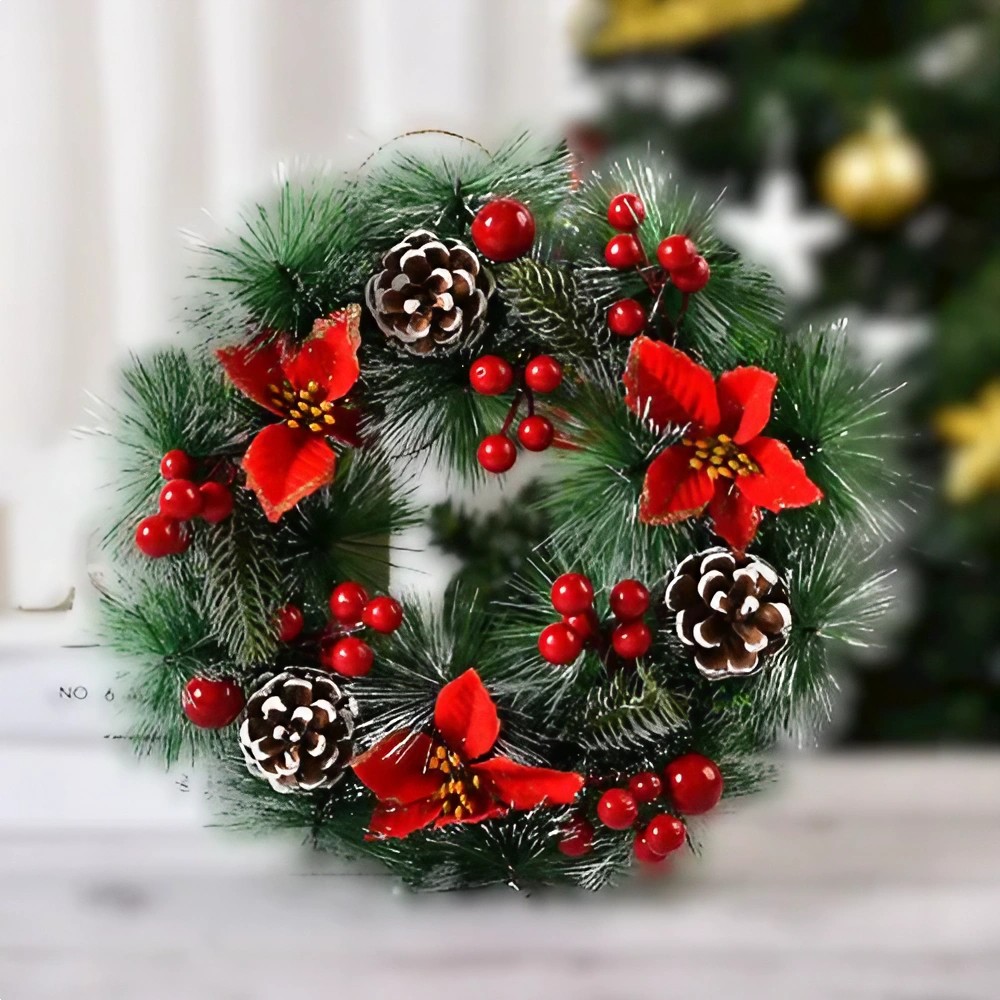 Coronita pentru Craciun , diametru 32 cm, din brad artificial, decorata cu conuri si merisoare, 3 Funde Rosii. Verde/Alb - imagine 2