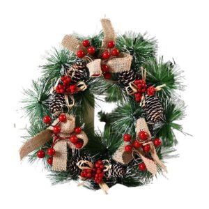 Coronita pentru Craciun , diametru 32 cm, din brad artificial, decorata cu conuri si merisoare, 3 Funde. Verde/Alb