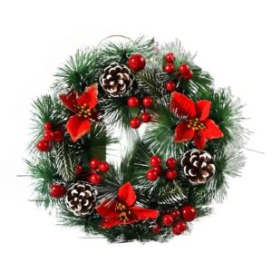 Coronita pentru Craciun , diametru 32 cm, din brad artificial, decorata cu conuri si merisoare, 3 Funde Rosii. Verde/Alb