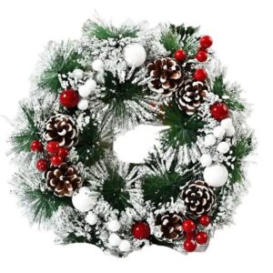 Coronita pentru Craciun , diametru 32 cm, din brad artificial, decorata cu conuri si merisoare, inzapezit. Verde/Alb