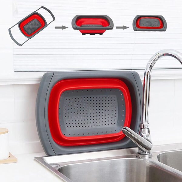 Cos de Scurgere Retractabil pentru Chiuveta, , cu Filtru, pentru Fructe si Legume, de Uz Casnic, 39x12 cm, Design Extensibil pana la 61 cm, cu Manere de Prindere, Rosu - imagine 3