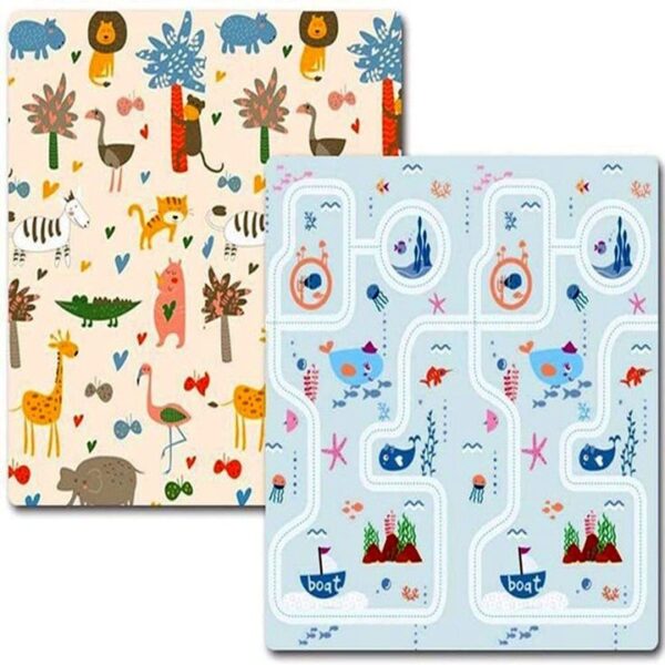CovoraÈ™ de Joaca pentru Copii Termic cu 2 Fete, , Model Lumea Animalelor si Calatorie pe mare, cu Spuma, Impermeabil, Antiderapant, 200x180 x 0.8 cm, Multicolor