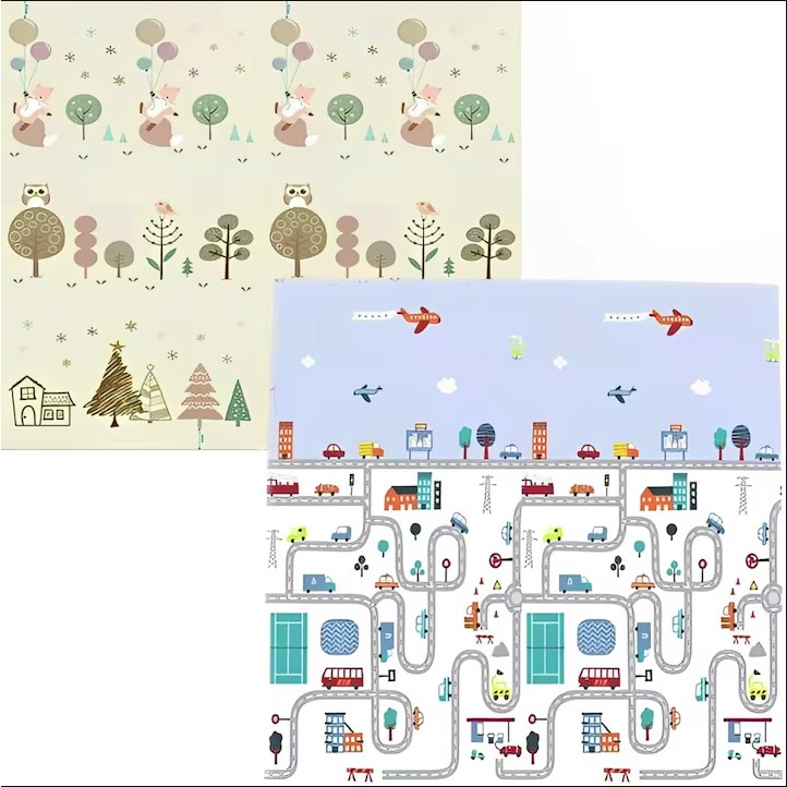 Covoras de Joaca pentru Copii Termic cu 2 Fete, , Model Vulpi si Pista de Masini, cu Spuma, Impermeabil, Antiderapant, 200cm x 160cm x 0.6cm - imagine 2