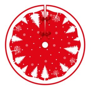 Covoras pentru Bradul de Craciun, , din Tesatura Pufoasa, cu Fundite de Prindere, Model Brazi, Rosu/Alb, Diametru 90 cm