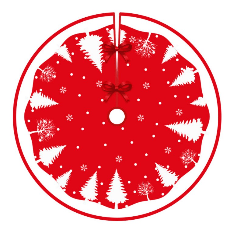 Covoras pentru Bradul de Craciun, , din Tesatura Pufoasa, cu Fundite de Prindere, Model Brazi, Rosu/Alb, Diametru 90 cm