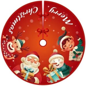 Covoras pentru Bradul de Craciun, , din Tesatura Pufoasa, cu Fundite de Prindere, Model Mos Craciun si Ajutoarele, Rosu, Diametru 90 cm