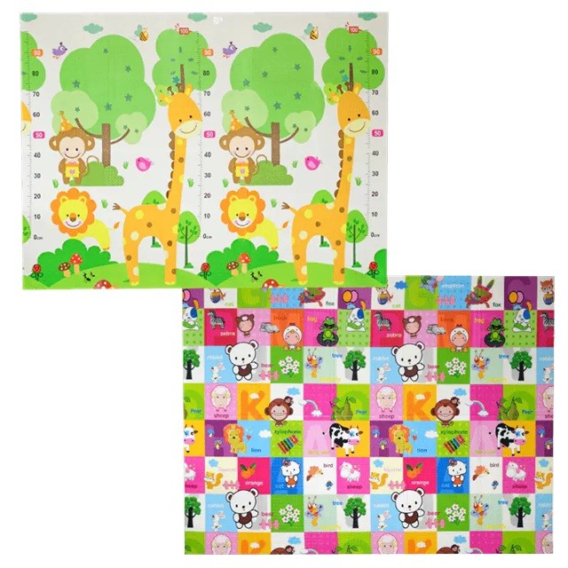 Covoras pentru Copii, , cu 2 Fete, Model Safari/Animale, din XPE+PE, Impermeabil, Antiderapant, Protectie Termica, +3 Luni, Pliabil, 150 x 200 x 1 cm, Multicolor