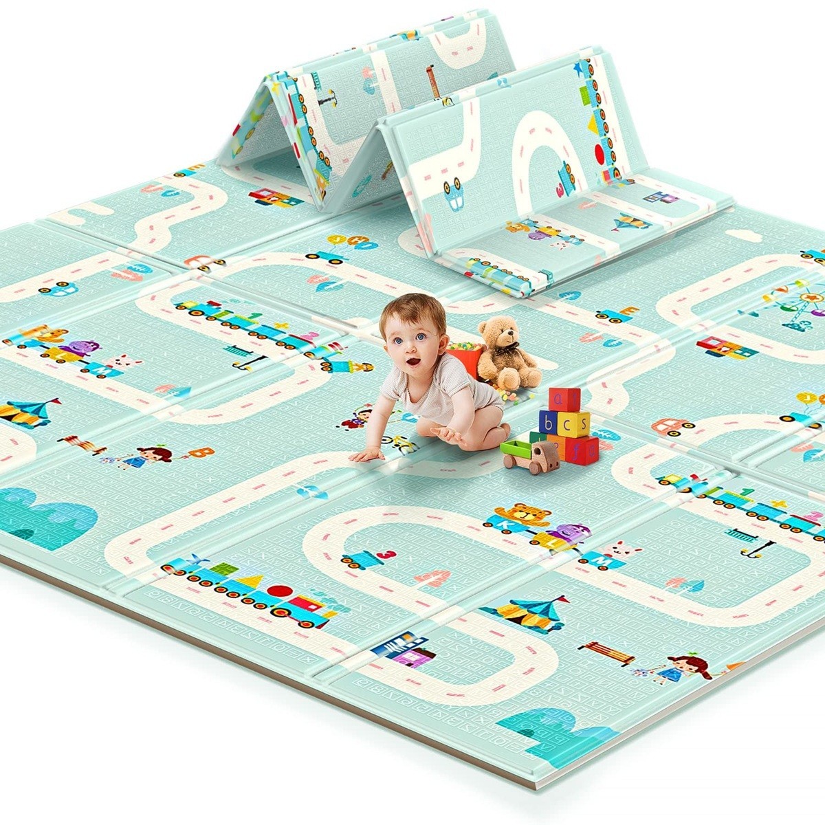 Covoras pentru Copii, , cu 2 Fete, Model Oras/Safari, din XPE+PE, Impermeabil, Antiderapant, Protectie Termica, +3 Luni, Pliabil, 180 x 200 x 1 cm, Multicolor - imagine 4