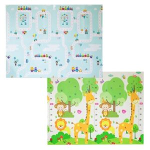 Covoras pentru Copii, , cu 2 Fete, Model Oras/Safari, din XPE+PE, Impermeabil, Antiderapant, Protectie Termica, +3 Luni, Pliabil, 180 x 200 x 1 cm, Multicolor