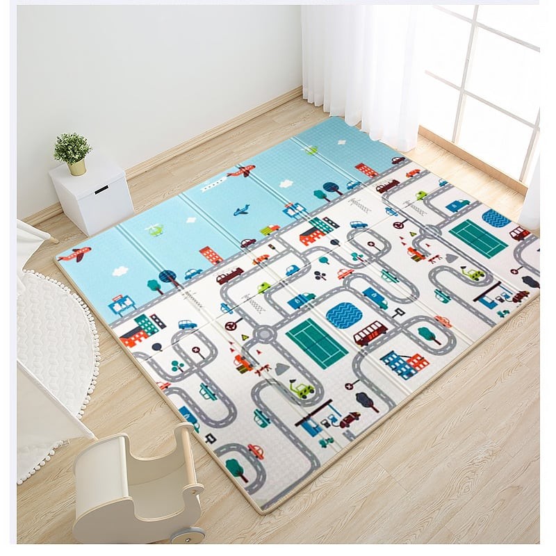 Covoras pentru Copii, , cu 2 Fete, Model Trafic/Girafe, din XPE+PE, Impermeabil, Antiderapant, Protectie Termica, +3 Luni, Pliabil, 180 x 200 x 1 cm, Multicolor - imagine 2