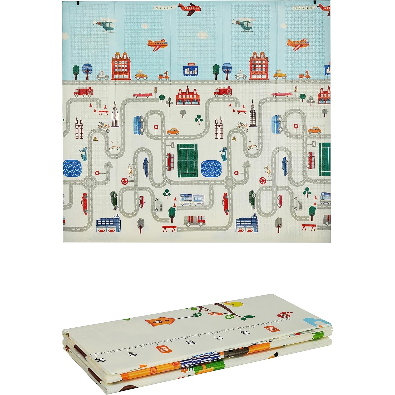 Covoras pentru Copii, , cu 2 Fete, Model Trafic/Girafe, din XPE+PE, Impermeabil, Antiderapant, Protectie Termica, +3 Luni, Pliabil, 180 x 200 x 1 cm, Multicolor - imagine 4