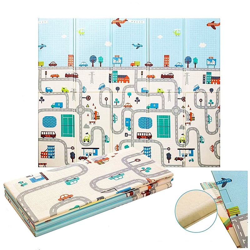 Covoras pentru Copii, , cu 2 Fete, Model Trafic/Girafe, din XPE+PE, Impermeabil, Antiderapant, Protectie Termica, +3 Luni, Pliabil, 180 x 200 x 1 cm, Multicolor