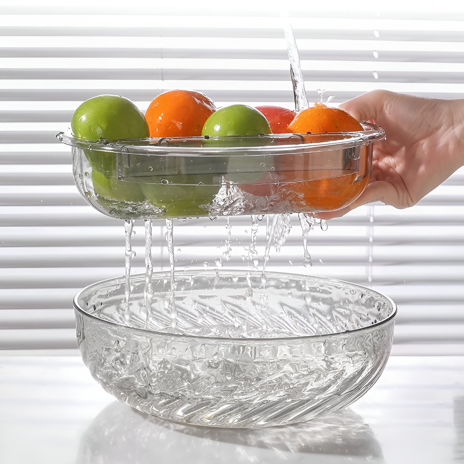 Bol cu Doua Straturi, , pentru Fructe, Legume, Snacks, cu Strat de Scurgere a Apei, Suport pentru Telefonul Mobil, 22.4x9 cm, Transparent - imagine 3