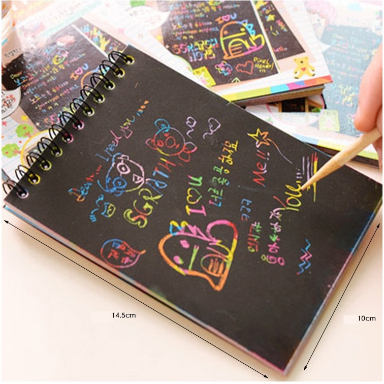 Caiet cu fise razuibile , DIY Magic Scratch, 12 File, Curcubeu, Creion din Lemn, Cartonase negre, 14.5 x 10 cm, albastru - imagine 3