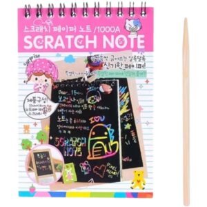 Caiet cu fise razuibile , DIY Magic Scratch, 12 File, Curcubeu, Creion din Lemn, Cartonase negre, 14.5 x 10 cm, roz