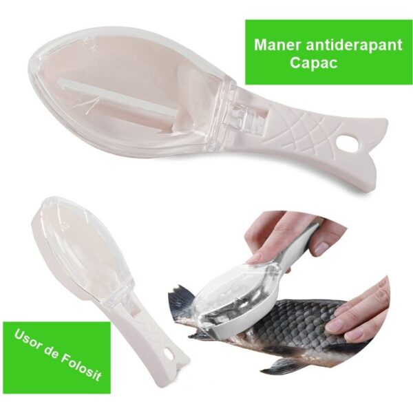 Curatator Manual Solzi de Peste, , Forma Peste , Recipient cu Capcac pentru Solzi, Plastic, Roz pal, 16x6 cm - imagine 2