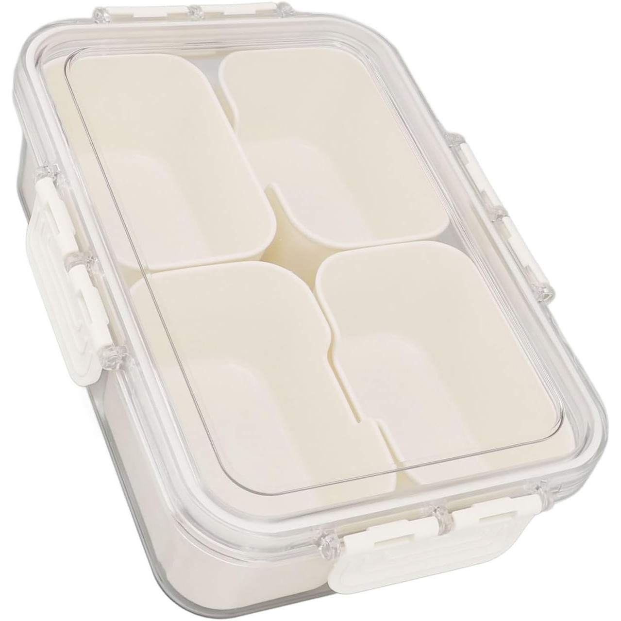 Cutie Alimentara Multifunctionala, , pentru Condimente, Gustari,  Inchidere Etans, cu Capac si Maner, 4 Compartimente, 25 x 8 x 18 cm, Alb