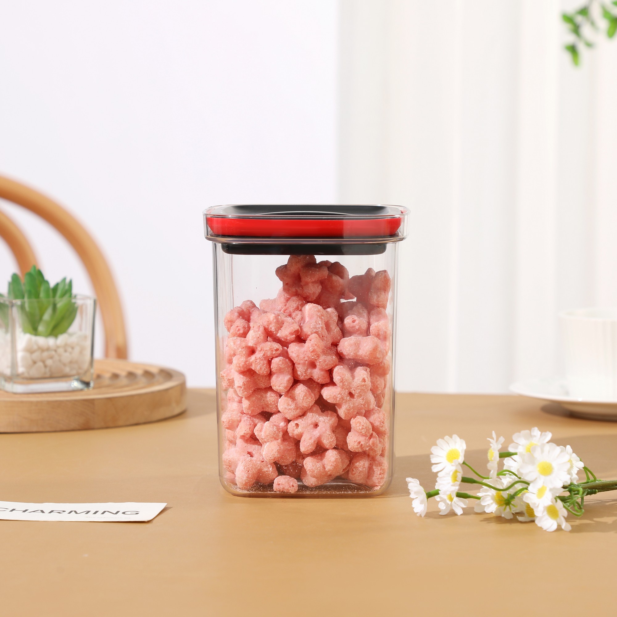Cutie de Depozitare Alimente, , Cutie de tip Container, Recipient pentru Cereale in Bucatarie, 11.5 x 11.5 x 15 cm, volum 1200 ml, Transparenta cu Capac Negru - imagine 3
