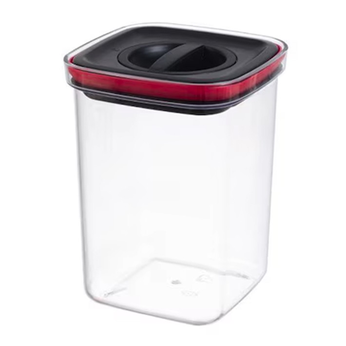 Cutie de Depozitare Alimente, , Cutie de tip Container, Recipient pentru Cereale in Bucatarie, 11.5 x 11.5 x 15 cm, volum 1200 ml, Transparenta cu Capac Negru