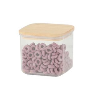 Cutie de Depozitare Alimente, , Cutie de tip Container, Cutie pentru Cereale, din Plastic, Capac din Bambuc, 10 x 10 x 8 cm, Volum 0.5 L, Transparenta