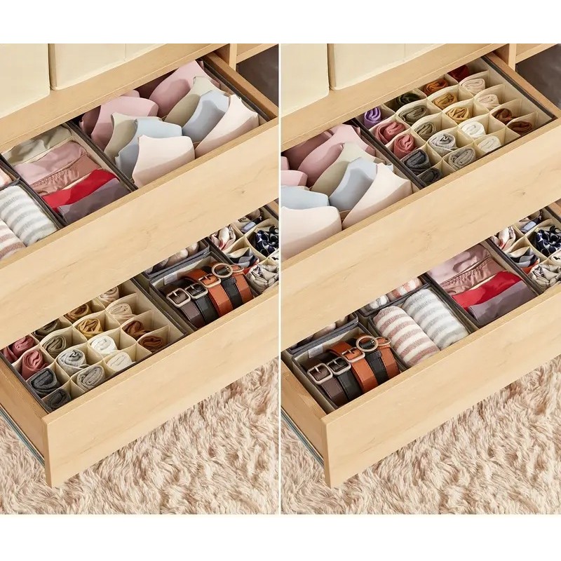 Cutie De Depozitare, , Pentru Lenjerie, Sosete Si Sutiene, Material Textil, 6 Compartimente, 32 x 16 x 10 cm, Culoare Bej - imagine 3