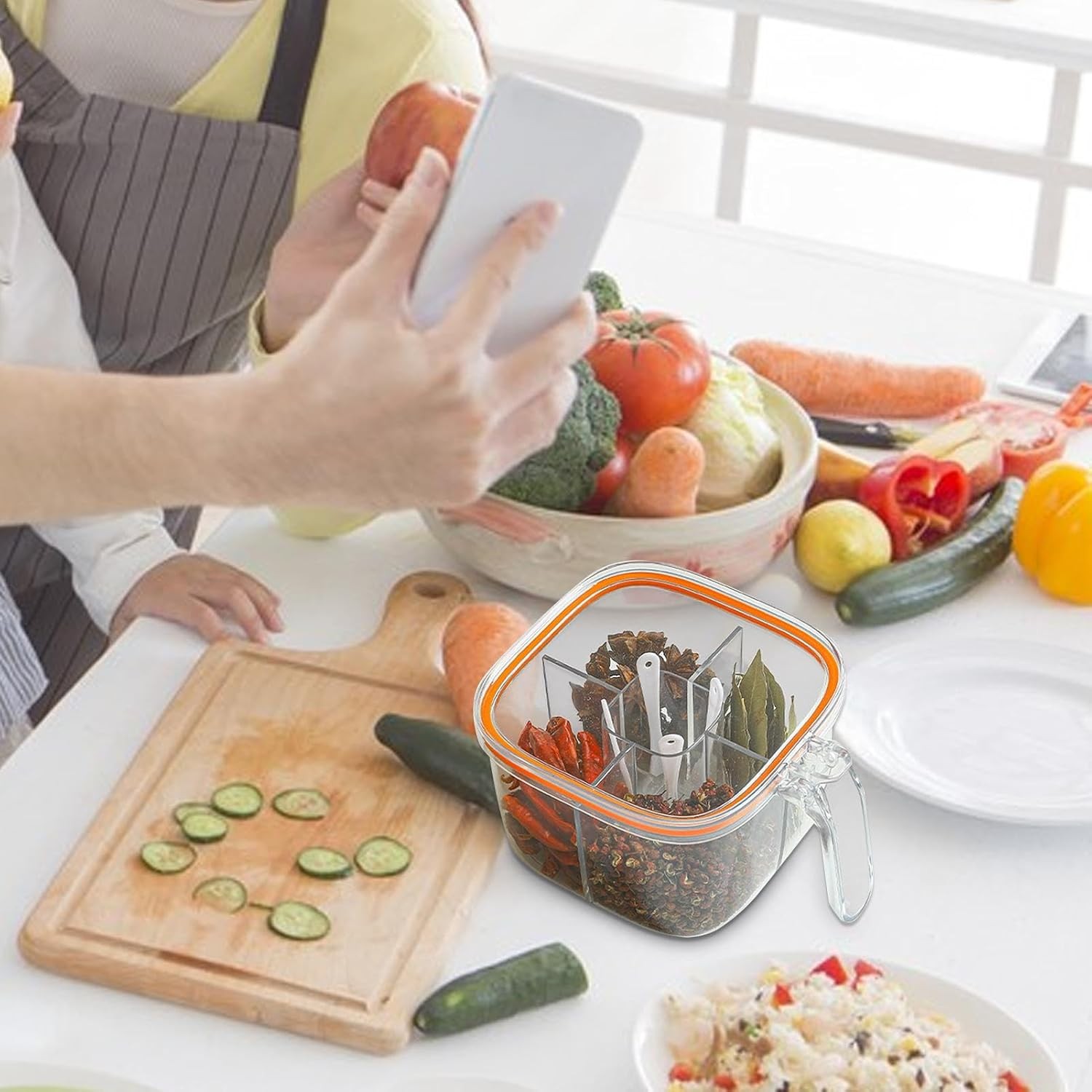 Cutie Depozitare Alimente, , din Plastic/Silicon, 20 x 10 x 10 cm, 5 Compartimente, Alb/Portocaliu - imagine 2