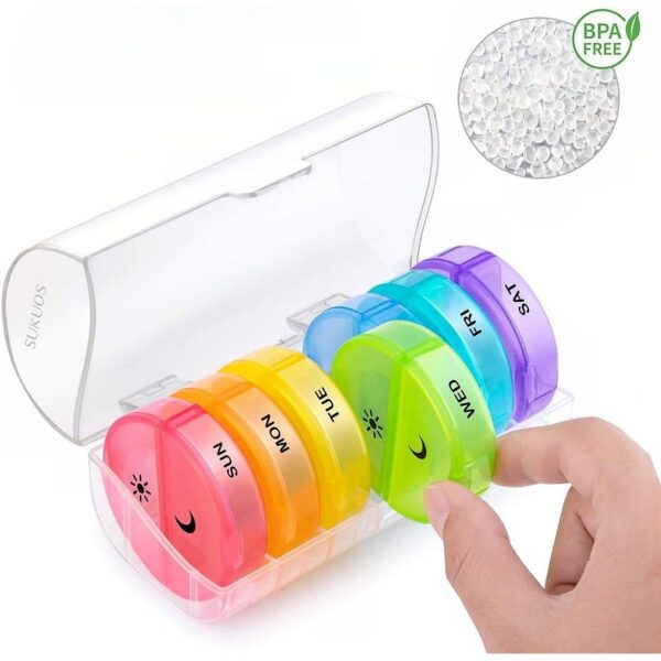 Cutie Depozitare Medicamente, , 7 Zile, 14 Compartimente, Cutie Suport, Recipiente Detasabile, Portabila, Multicolor, 17.5x11x9.5 cm - imagine 4