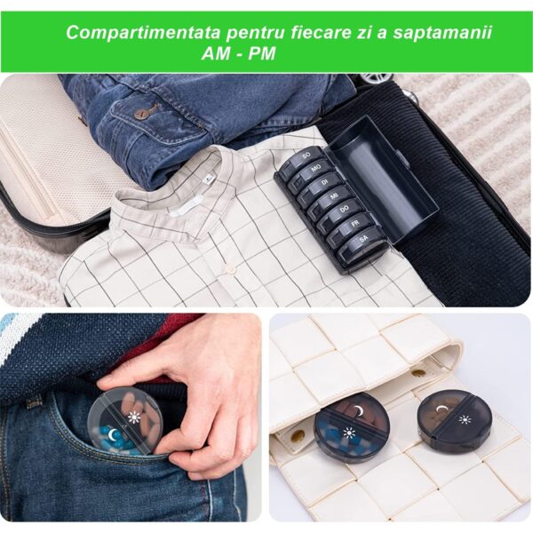 Cutie Depozitare Medicamente, , 7 Zile, 14 Compartimente, Cutie Suport, Recipiente Detasabile, Portabila, Negru, 17.5x11x9.5 cm - imagine 4