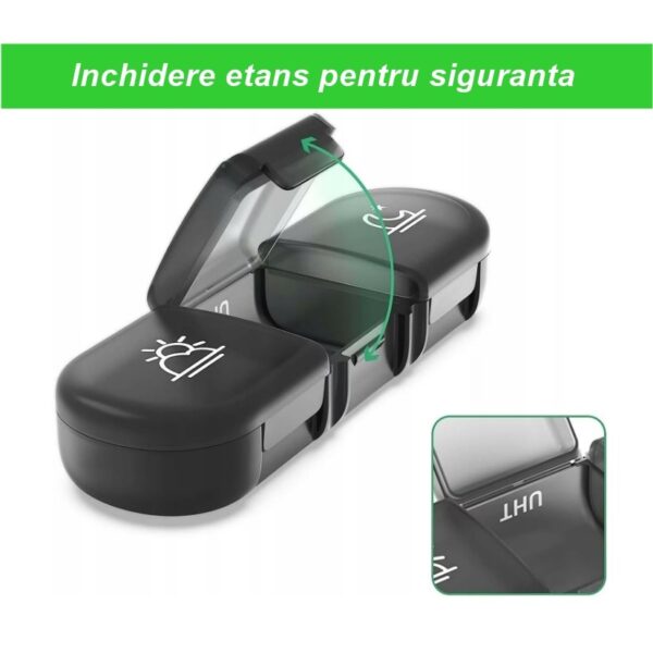 Cutie Depozitare Medicamente, , 7 Zile, 21 Compartimente, Cutie Suport, Recipiente Detasabile, Portabila, Negru, 15.6x12 cm - imagine 2