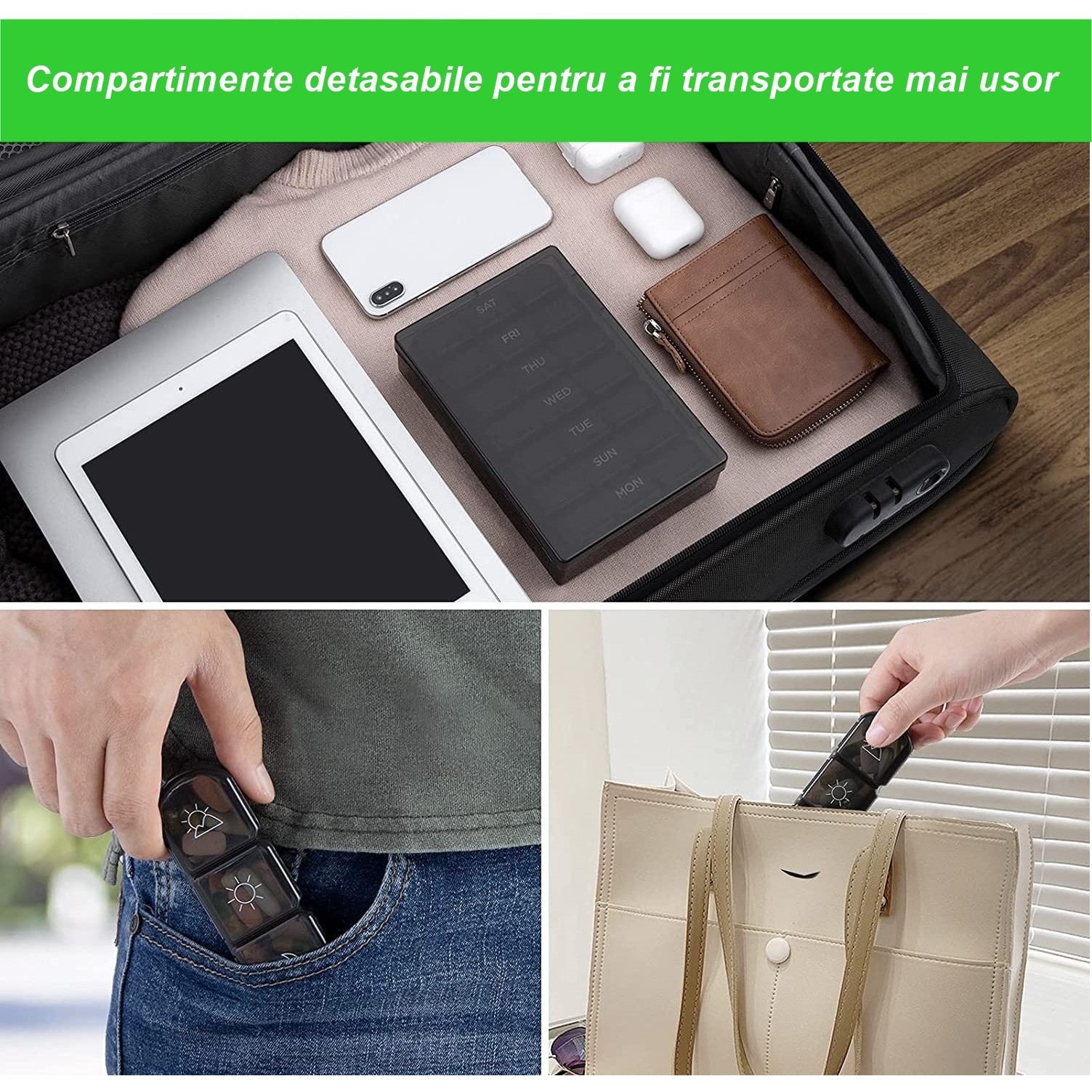 Cutie Depozitare Medicamente, , 7 Zile, 21 Compartimente, Cutie Suport, Recipiente Detasabile, Portabila, Negru, 15.6x12 cm - imagine 3