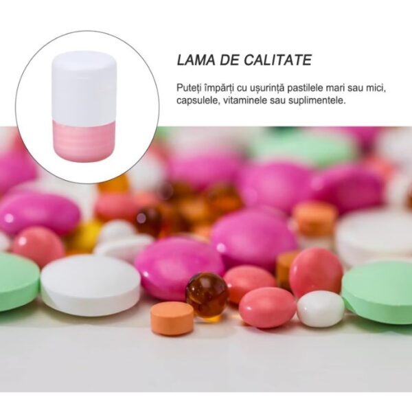 Cutie Pastile Multifunctionala, , 4 in 1, Pahar Apa, Taiere, Sfaramare, Depozitare, Compact, ABS cu Lama din Inox, Alb/Roz, 8.7x6.2x4.1 cm - imagine 3