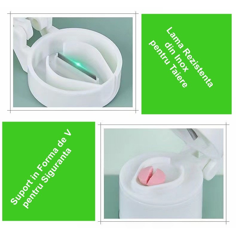 Cutie Pastile Multifunctionala, , 4 in 1, Pahar Apa, Taiere, Sfaramare, Depozitare, Compact, ABS cu Lama din Inox, Alb, 8.7x6.2x4.1 cm - imagine 2