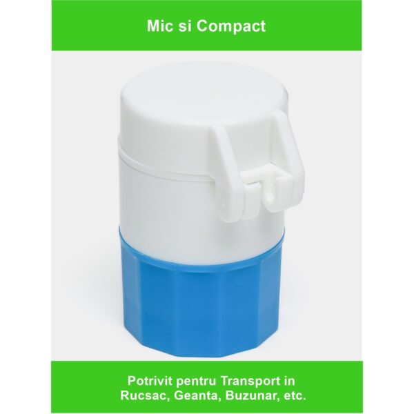 Cutie Pastile Multifunctionala, , 4 in 1, Pahar Apa, Taiere, Sfaramare, Depozitare, Compact, ABS cu Lama din Inox, Alb/Albastru, 8.7x6.2x4.1 cm - imagine 2