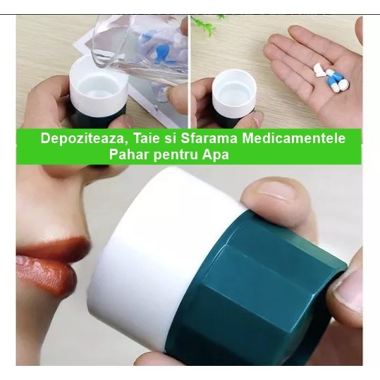Cutie Pastile Multifunctionala, , 4 in 1, Pahar Apa, Taiere, Sfaramare, Depozitare, Compact, ABS cu Lama din Inox, Alb/Verde, 8.7x6.2x4.1 cm - imagine 2