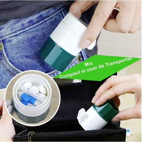 Cutie Pastile Multifunctionala, , 4 in 1, Pahar Apa, Taiere, Sfaramare, Depozitare, Compact, ABS cu Lama din Inox, Alb/Verde, 8.7x6.2x4.1 cm - imagine 3