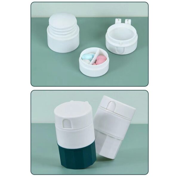 Cutie Pastile Multifunctionala, , 4 in 1, Pahar Apa, Taiere, Sfaramare, Depozitare, Compact, ABS cu Lama din Inox, Alb/Verde, 8.7x6.2x4.1 cm - imagine 4