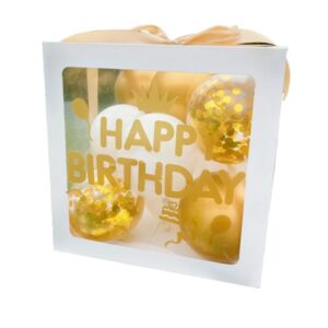 Cutie pentru Baloane, , Tematica Aniversare, Model Scris Happy Birthday, Baloane Aurii, Albe si Panglica Incluse, Contur Alb, Transparenta, 30x30 cm