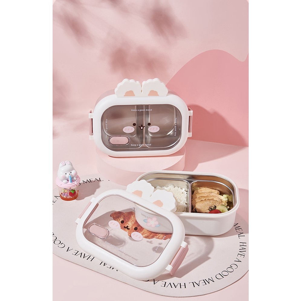 Cutie pentru Pranz sau Gustari, , cu Doua Compartimente, Model Iepuras, pentru Copii si Adulti, Etansare, PP, Perfect pentru Scoala si Birou, 1000 mL, 22x17.8x8 cm, Alb - imagine 2